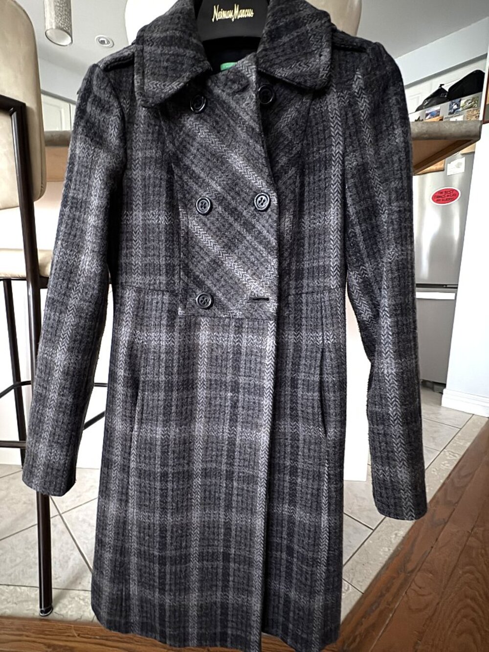 United Colors of Benetton Women Double Breasted Wool Grey/Black Plaid coat EU 40